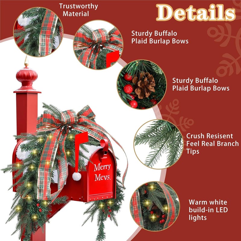 Maysing 55 Inch Christmas Mailbox Swag with Red and Green Checkered Bow Xmas Outdoor Lighted Mailbox Holiday Decoration Artificial Berry Clusters Pine Cones Garland for Mail Box Mantelpiece Indoor - Image 2